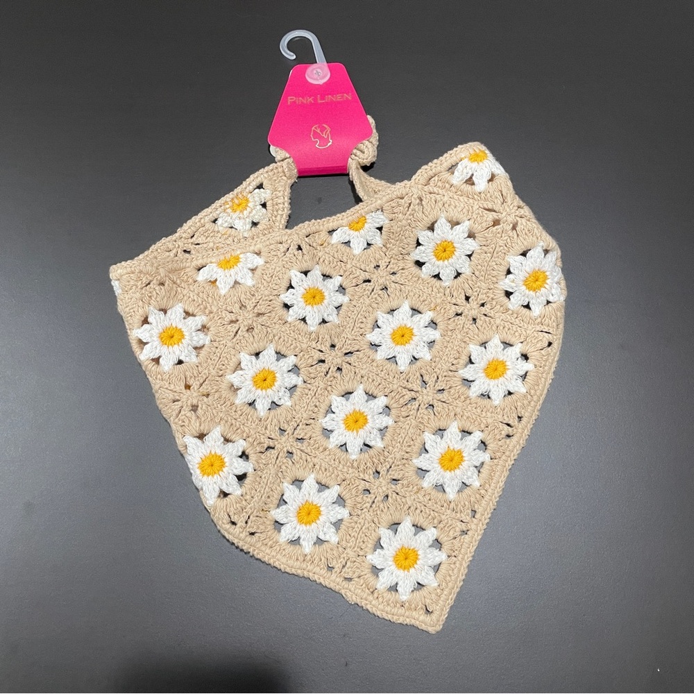 Pink Linen Crochet Daisy Hair Bandana Tan Floral Granny Square Boho Headscarf